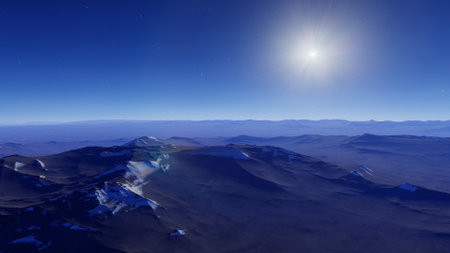 beautiful view from an exoplanet, a view from an alien planet, a computer-generated surface, a fantastic view of an unknown world, a fantasy world 3D renderの写真素材