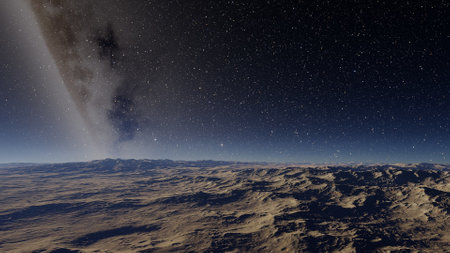 alien planet landscape, science fiction illustration, view from a beautiful planet, beautiful space background 3d renderの写真素材