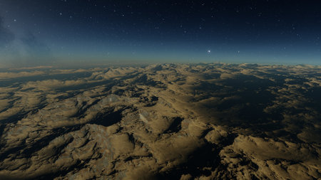 alien planet landscape, science fiction illustration, view from a beautiful planet, beautiful space background 3d renderの写真素材