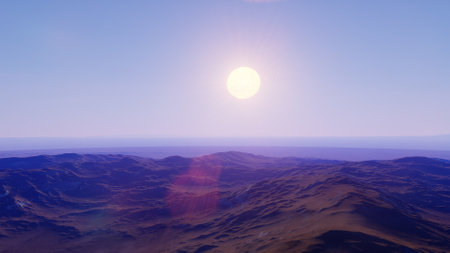beautiful view from an exoplanet, a view from an alien planet, a computer-generated surface, a fantastic view of an unknown world, a fantasy world 3D renderの写真素材