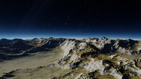 beautiful view from an exoplanet, a view from an alien planet, a computer-generated surface, a fantastic view of an unknown world, a fantasy world 3D renderの写真素材