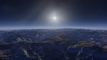 beautiful view from an exoplanet, a view from an alien planet, a computer-generated surface, a fantastic view of an unknown world, a fantasy world 3D renderの写真素材