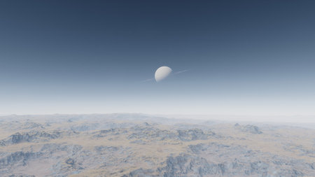 beautiful view from an exoplanet, a view from an alien planet, a computer-generated surface, a fantastic view of an unknown world, a fantasy world 3D renderの写真素材
