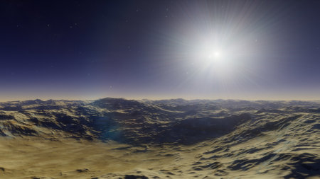 beautiful view from an exoplanet, a view from an alien planet, a computer-generated surface, a fantastic view of an unknown world, a fantasy world 3D renderの写真素材