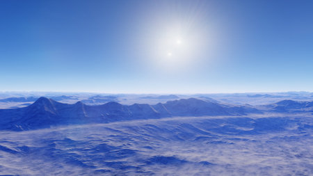 beautiful view from an exoplanet, a view from an alien planet, a computer-generated surface, a fantastic view of an unknown world, a fantasy world 3D renderの写真素材