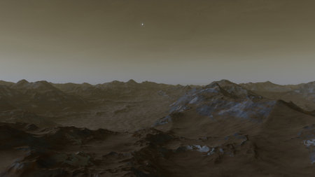beautiful view from an exoplanet, a view from an alien planet, a computer-generated surface, a fantastic view of an unknown world, a fantasy world 3D renderの写真素材