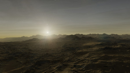 beautiful view from an exoplanet, a view from an alien planet, a computer-generated surface, a fantastic view of an unknown world, a fantasy world 3D renderの写真素材