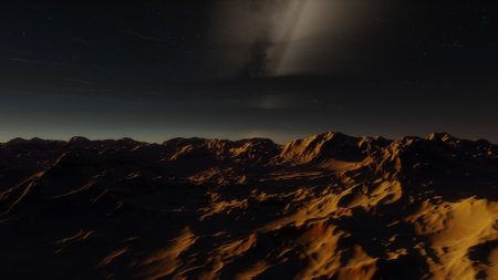 beautiful view from an exoplanet, a view from an alien planet, a computer-generated surface, a fantastic view of an unknown world, a fantasy world 3D renderの写真素材