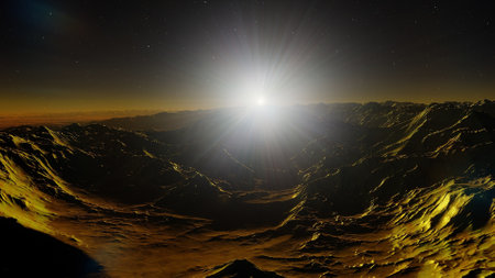 beautiful view from an exoplanet, a view from an alien planet, a computer-generated surface, a fantastic view of an unknown world, a fantasy world 3D renderの写真素材