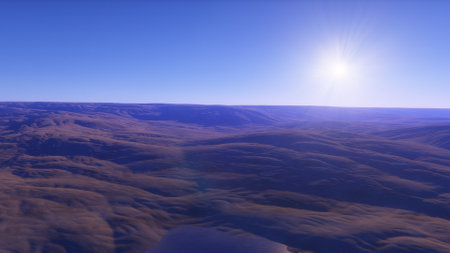 beautiful view from an exoplanet, a view from an alien planet, a computer-generated surface, a fantastic view of an unknown world, a fantasy world 3D renderの写真素材