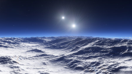 beautiful view from an exoplanet, a view from an alien planet, a computer-generated surface, a fantastic view of an unknown world, a fantasy world 3D renderの写真素材