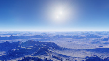 beautiful view from an exoplanet, a view from an alien planet, a computer-generated surface, a fantastic view of an unknown world, a fantasy world 3D renderの写真素材