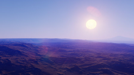 beautiful view from an exoplanet, a view from an alien planet, a computer-generated surface, a fantastic view of an unknown world, a fantasy world 3D renderの写真素材