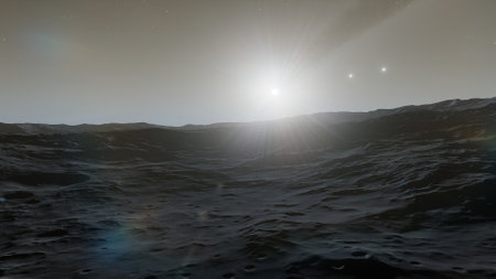 beautiful view from an exoplanet, a view from an alien planet, a computer-generated surface, a fantastic view of an unknown world, a fantasy world 3D renderの写真素材