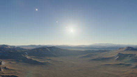 beautiful view from an exoplanet, a view from an alien planet, a computer-generated surface, a fantastic view of an unknown world, a fantasy world 3D renderの写真素材