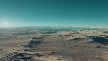 beautiful view from an exoplanet, a view from an alien planet, a computer-generated surface, a fantastic view of an unknown world, a fantasy world 3D renderの写真素材