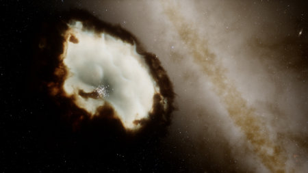 nebula gas cloud in deep outer space, science fiction illustrarion, colorful space background with...