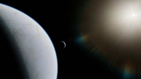 super-earth planet, realistic exoplanet, planet suitable for colonization, earth-like planet in far space, planets background 3d renderの写真素材