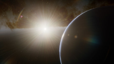 super-earth planet, realistic exoplanet, planet suitable for colonization, earth-like planet in far space, planets background 3d renderの写真素材