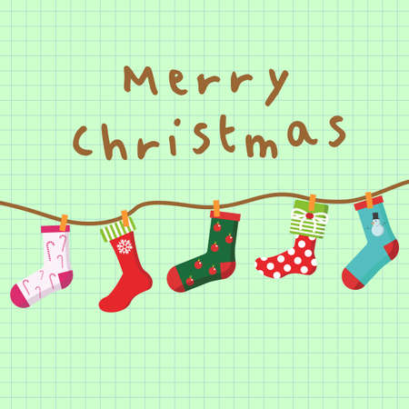 Merry Christmas Hanging Socks Card Background Vector Graphic Illustration Designのイラスト素材