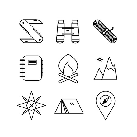 Various Adventure Thin Line Icon Symbol Vector Illustration Graphic Design such as compass, notebook and binocularsのイラスト素材