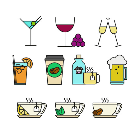 Various Beverages Menu Cafe Related Thin Line Icon Vector Illustration Graphic Design Setのイラスト素材