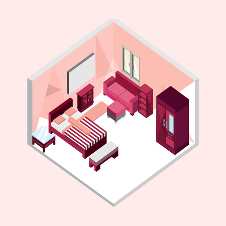 Feminine Bedroom Isometric Home Interior Vector Illustration Graphic Designのイラスト素材