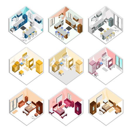 Various Design of Isometric Home Interior Vector Illustration Graphic Setのイラスト素材