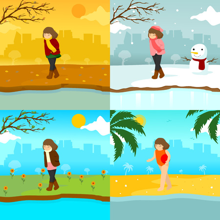 Sad Lonely Girl Multiple Season Scene Illustration Vector Graphic Design Templateのイラスト素材