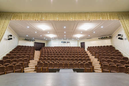 Concert hall. View from the scene. Hall without spectators. Bright light.のeditorial素材