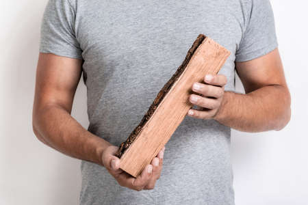 Firewood in the male hands, cropping imageの写真素材