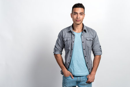 Studio shoot of a handsome man against  the white wall, holding his hands in pocketsの写真素材