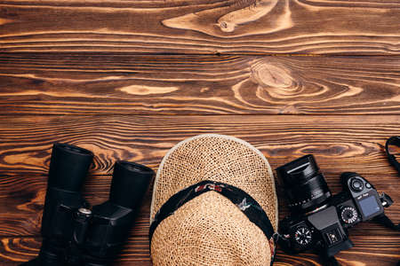Travel stuff on brown background with copy space. High quality photoの写真素材