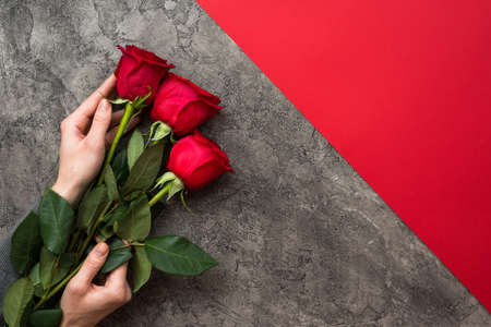 Hand holding bouquet of red roses isolate on grey with red backgroundの写真素材