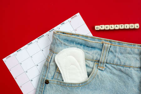 Tracking the menstrual cycle and ovulation. on a red background women's pads in jeans pocket.の写真素材