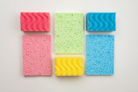 multicolored kitchen washcloths laid out in the form of a rectangle on a white backgroundの写真素材