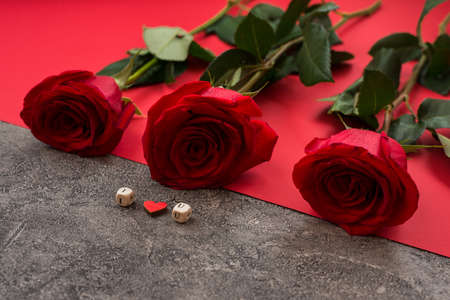 On a gray-red background there are red roses and cubes with letters laid out, the phrase I love youの写真素材