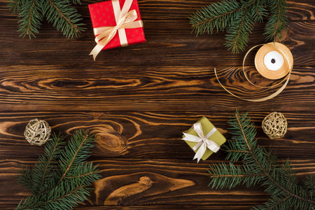 Christmas composition. Christmas gifts on wooden white backgroundの写真素材