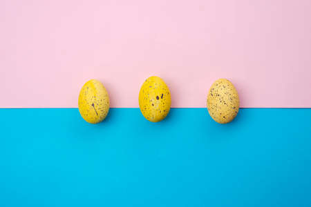 Yellow, easter eggs on a pink-blue backgroundの写真素材