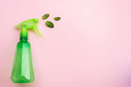 Detergent green bottle on a pink background spray a fresh mint leaves. - Copy spaceの写真素材