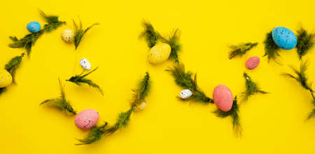 Easter eggs and feathers background, food top viewの写真素材