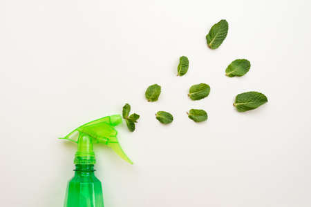 Detergent green bottle on a pink background spray a fresh mint leaves. - Copy spaceの写真素材