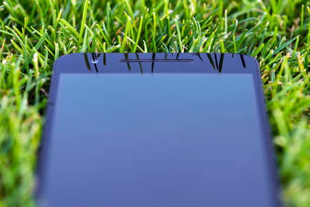 Smart phone with blank screen as copy space on grassの写真素材