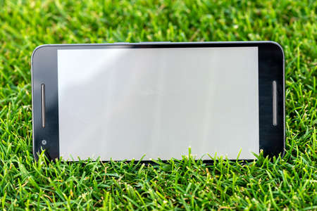 Mobile smart phone mockup with white screen on green grass background. Highly detailed illustration.の写真素材