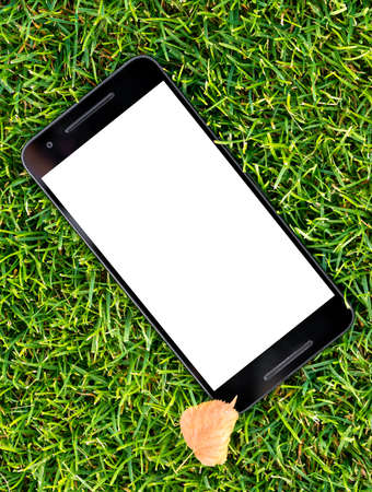 Mobile smart phone mockup with white screen on green grass background. Highly detailed illustration.