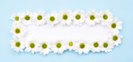 On a blue background is a rectangular frame of flowers. Postcard, greetings card.の写真素材