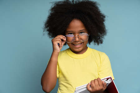 Early child education. Portrait of creative smart little girl in glasses holding notebook and preparing to doing homework. Indoor studio shot, isolatedの写真素材