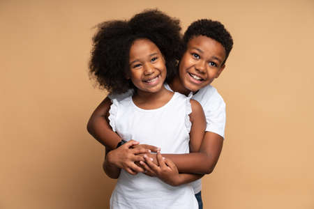 Waist up portrait view of the lovely multiracial girl looking at the camera with cheery smile while her brother embracing her with tenderness. Family relationships conceptの写真素材