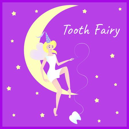 A cute tooth fairy sits on the moon.のイラスト素材