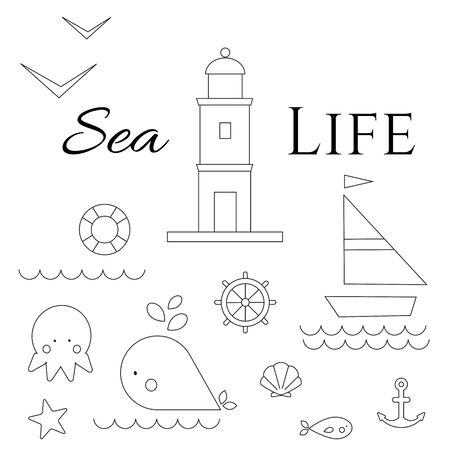 Set of black and white marine animals and objectsのイラスト素材